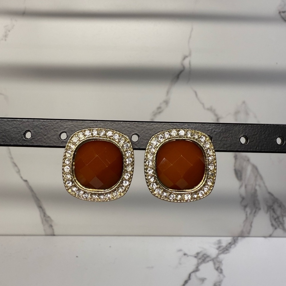 Gold Tone Square Clip-On Earrings with Rhinestones